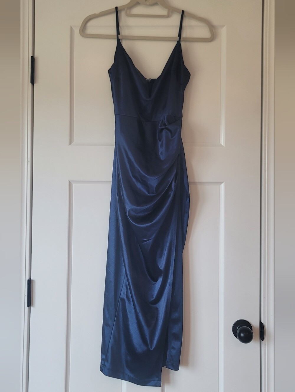 Windsor Satin Navy Slip Maxi Dress with Draped Skirt